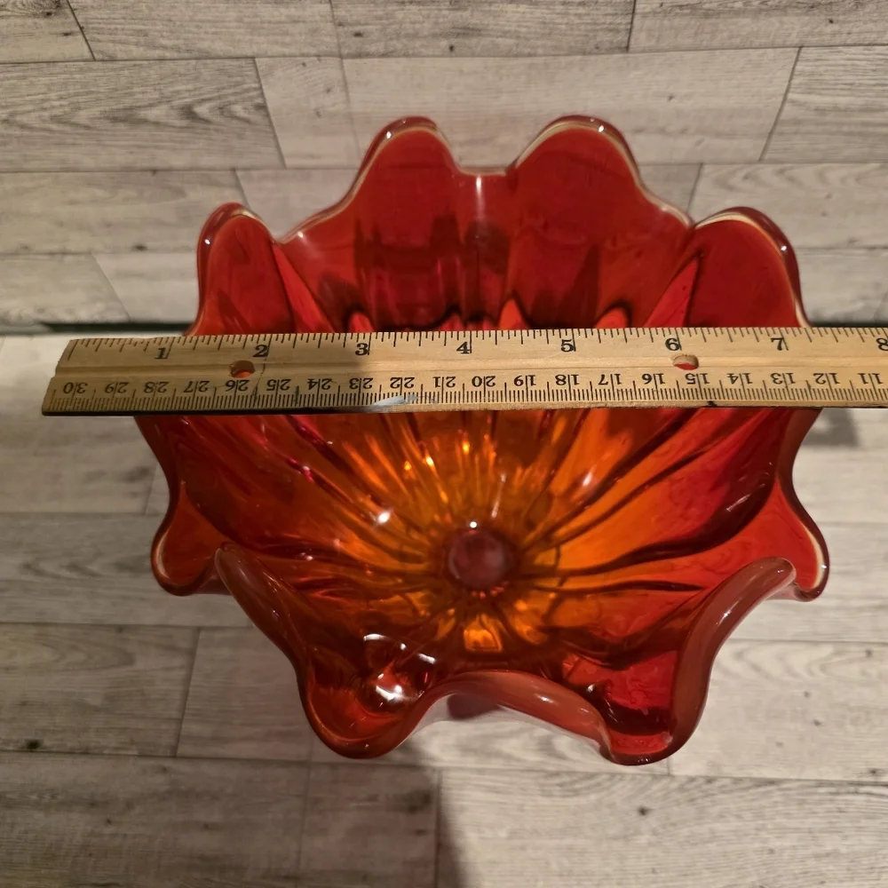 Vintage Art Glass Ruffled Pedestal Bowl - Red and Amber